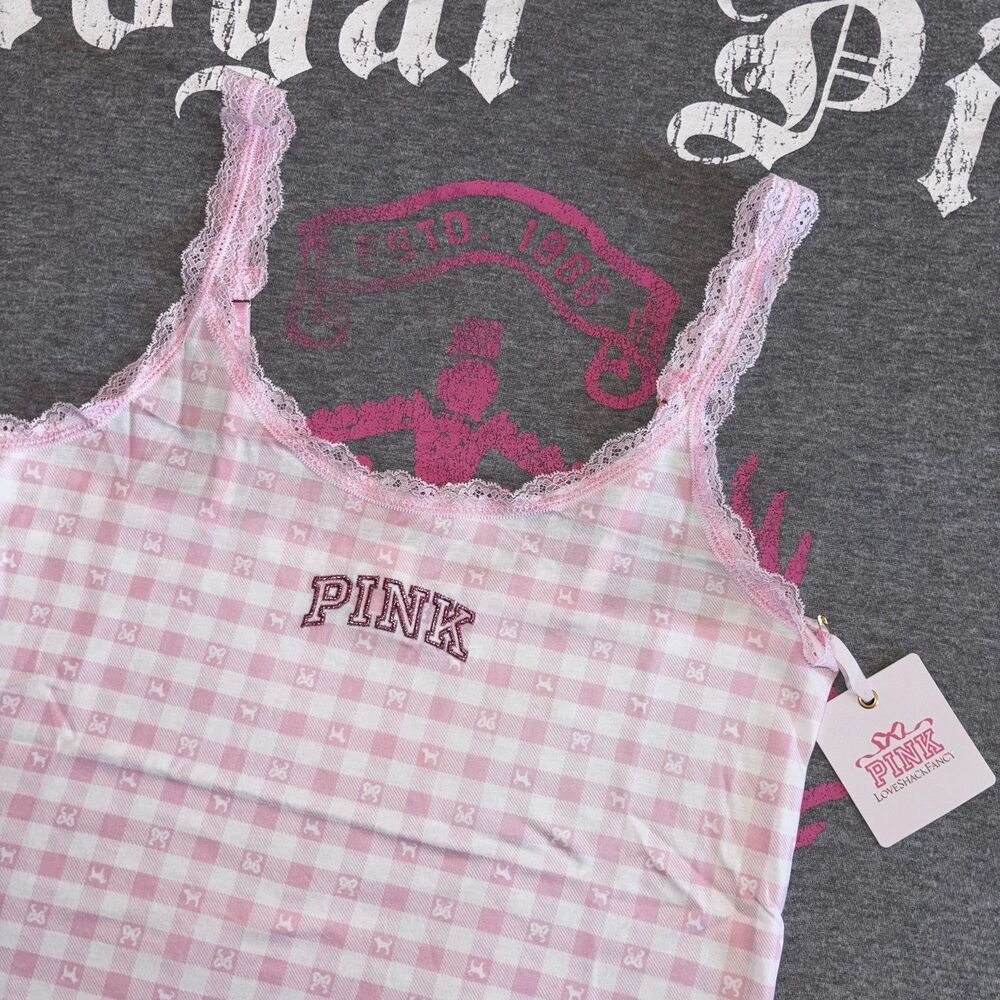 PINK x LoveShackFancy Cotton Cami Tank Top Icon Gingham Pink & White Plaid XL - Picture 3 of 12